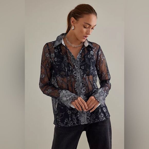 NWT Anthropologie Maeve Lace Sheer Long Sleeve Button Down Blouse/Shirt size S - Picture 1 of 14